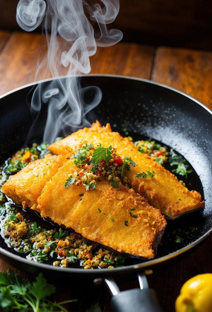 A sizzling skillet holds a golden, crispy fried fish, garnished with vibrant spices and herbs. A plume of steam rises from the dish