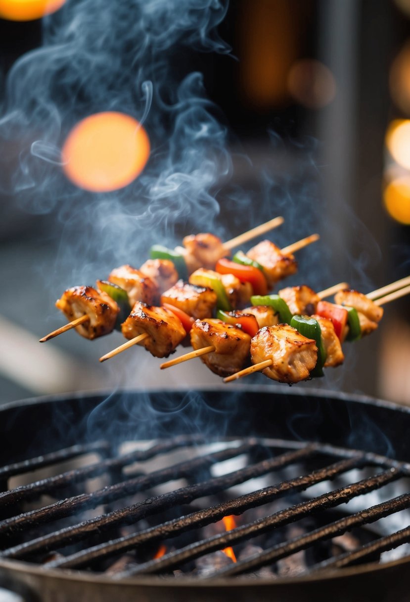 A sizzling grill with skewers of yakitori chicken, smoke rising in the air