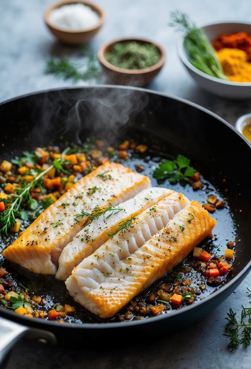 A sizzling white fish fillet cooks in a hot skillet, surrounded by colorful herbs and spices