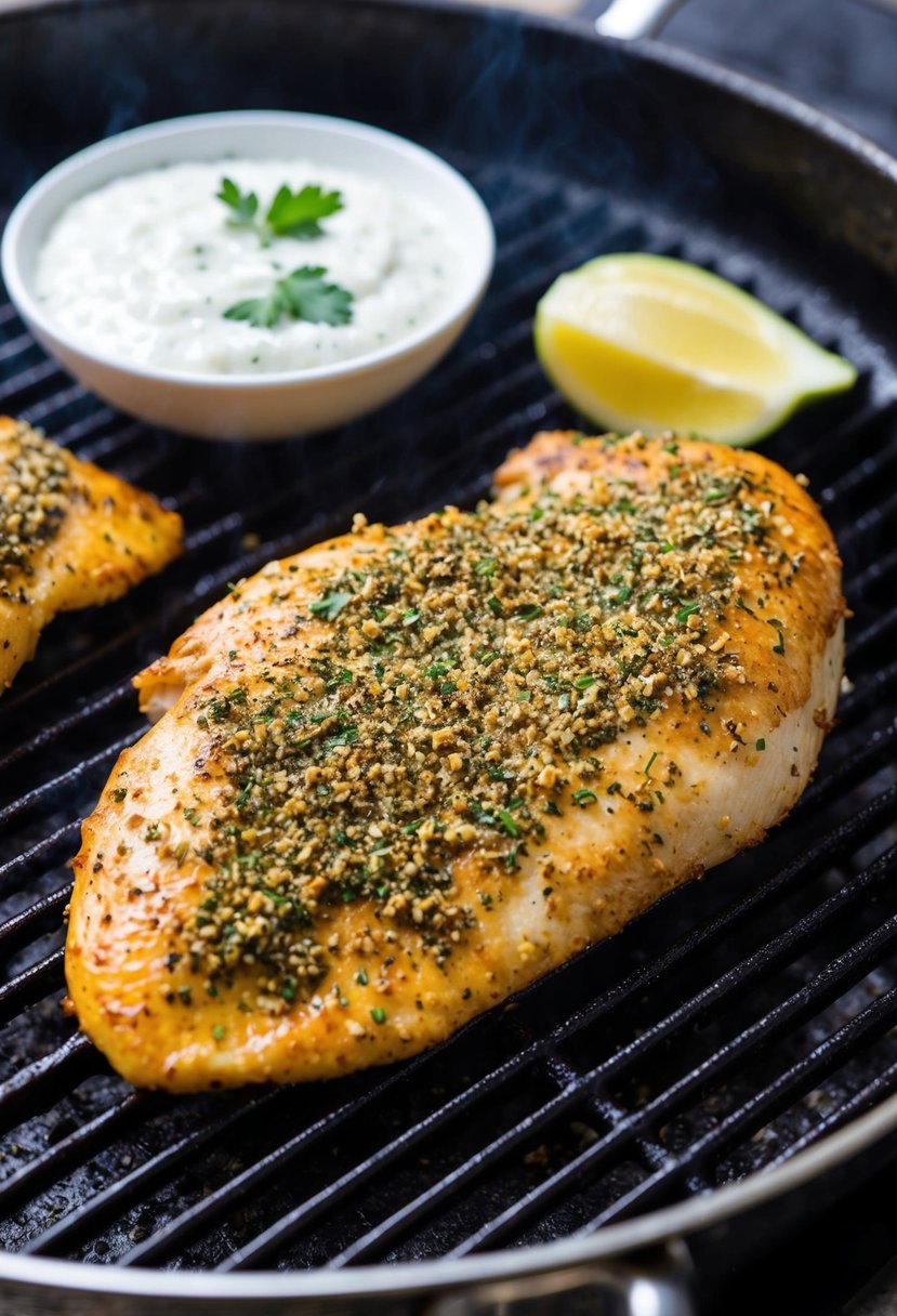 A sizzling chicken breast covered in za'atar seasoning cooks on a hot grill, while a dollop of garlic yogurt sauce waits nearby