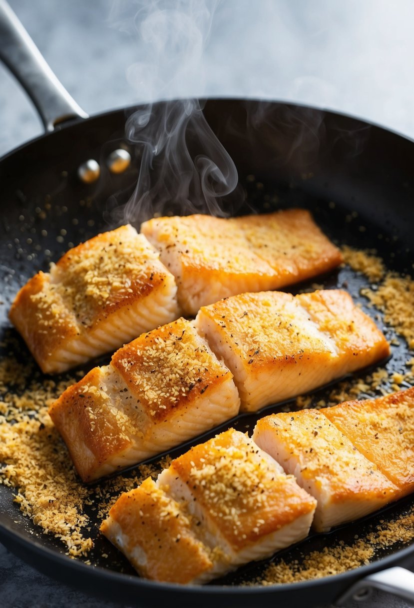 Golden-brown fish fillets sizzling in a skillet, coated in seasoned cornmeal, with a hint of steam rising