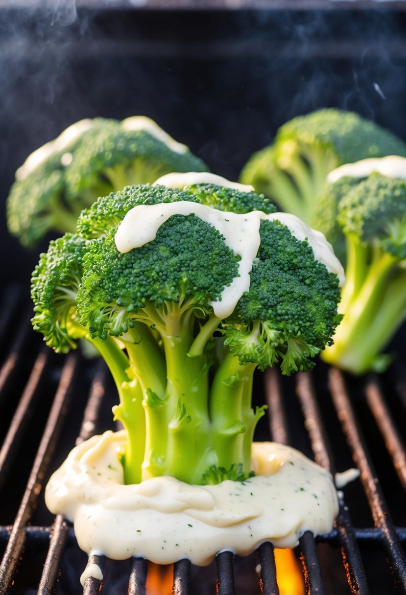 Fresh broccoli florets coated in mayonnaise, sizzling on a hot grill