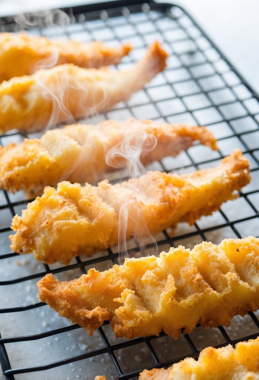 Golden-fried fish fillets sit on a wire rack, steam rising from the crispy coating. A light, airy texture is evident in the delicate, golden brown crust