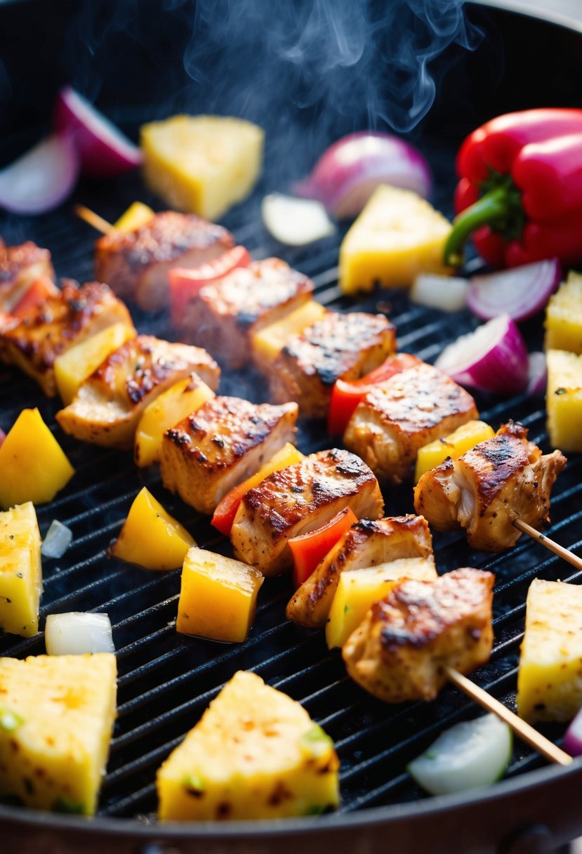 Juicy chicken skewers sizzling on a smoky grill, surrounded by vibrant chunks of pineapple, bell peppers, and onions