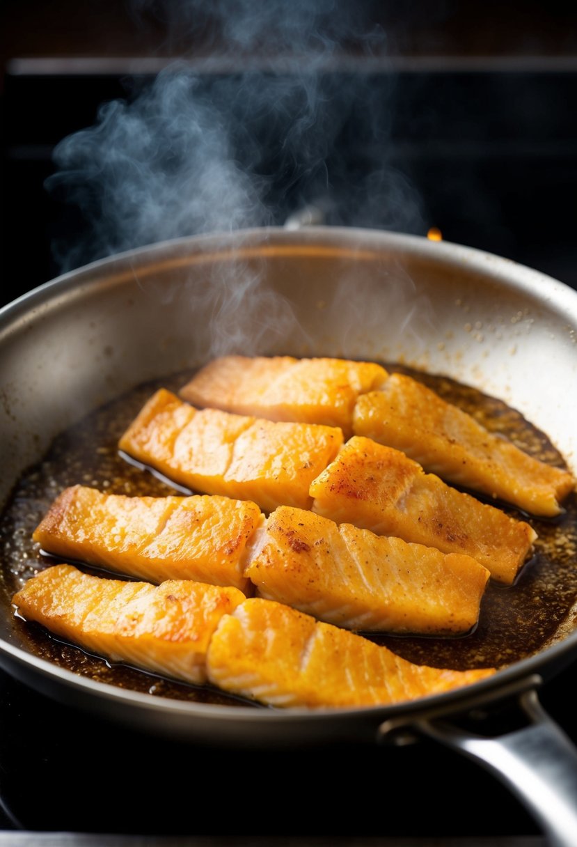 Golden fish fillets sizzling in a hot pan, emitting a mouthwatering aroma. Crispy and delicious, they are ready to be served