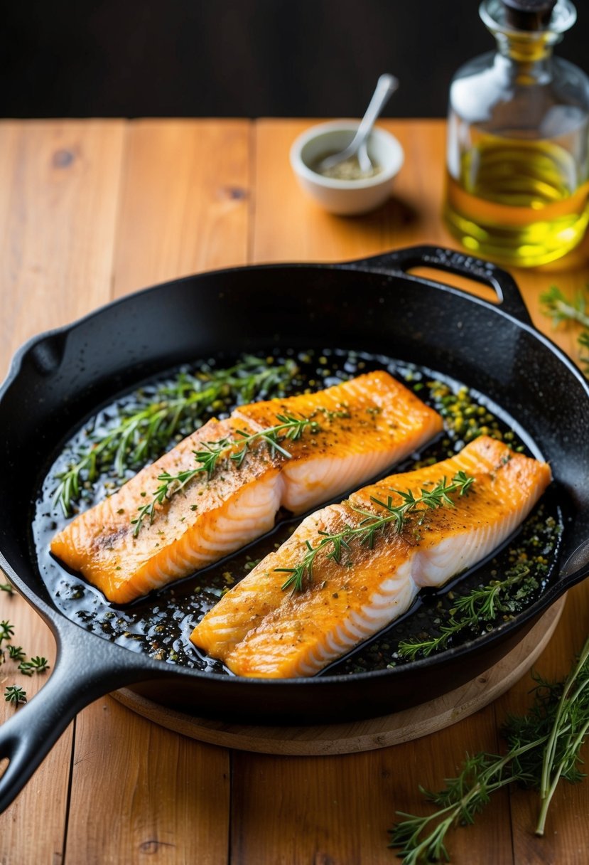 A sizzling cast iron skillet holds golden-brown fish fillets, surrounded by sizzling oil and aromatic herbs