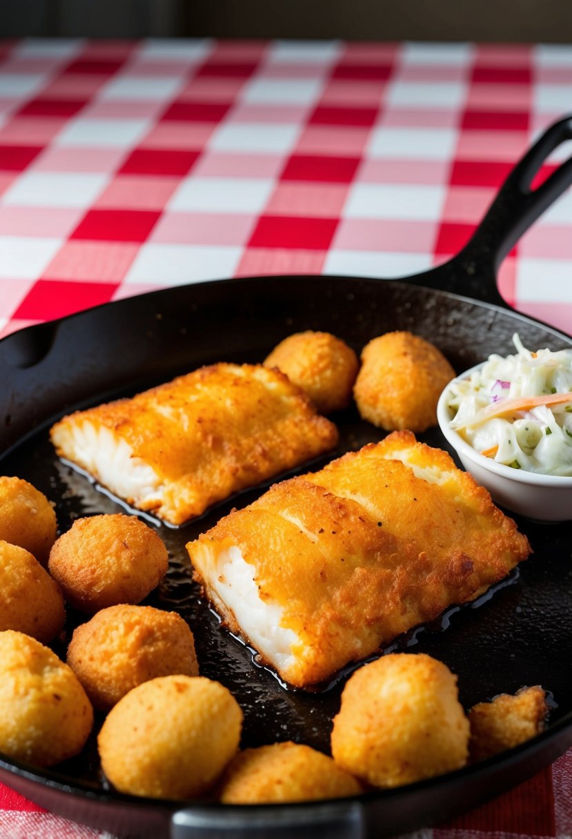 A sizzling cast-iron skillet holds golden-brown, crispy fish filets, surrounded by hushpuppies and a side of coleslaw on a checkered tablecloth