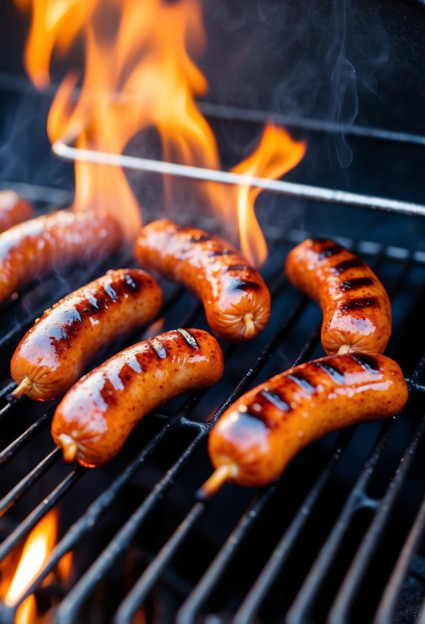 Plump sausages sizzling on a hot grill, releasing mouthwatering aroma