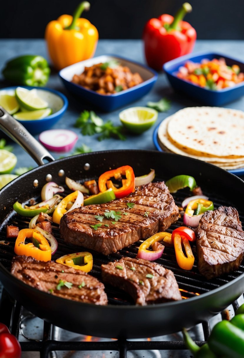 A sizzling grill with marinated steak, onions, and peppers, surrounded by tortillas and fresh toppings for carne asada tacos