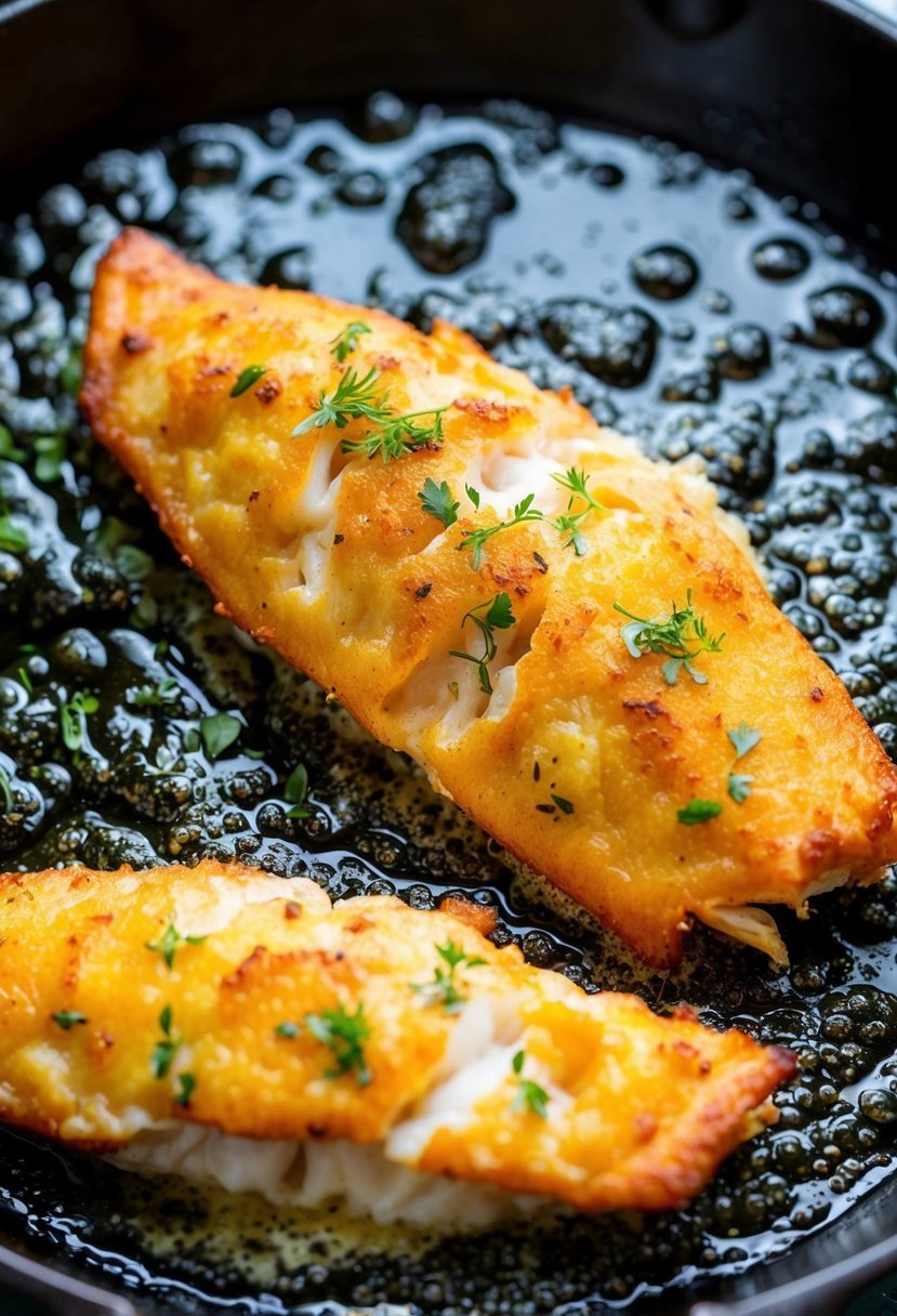 A golden-brown battered fish sizzling in a cast-iron skillet, surrounded by bubbling oil and a sprinkle of herbs