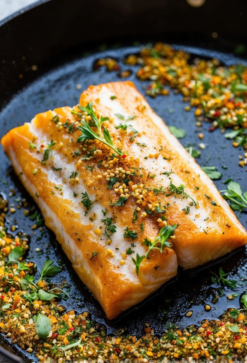 A golden-brown fish fillet sizzling in a skillet, sprinkled with a medley of fragrant herbs and spices