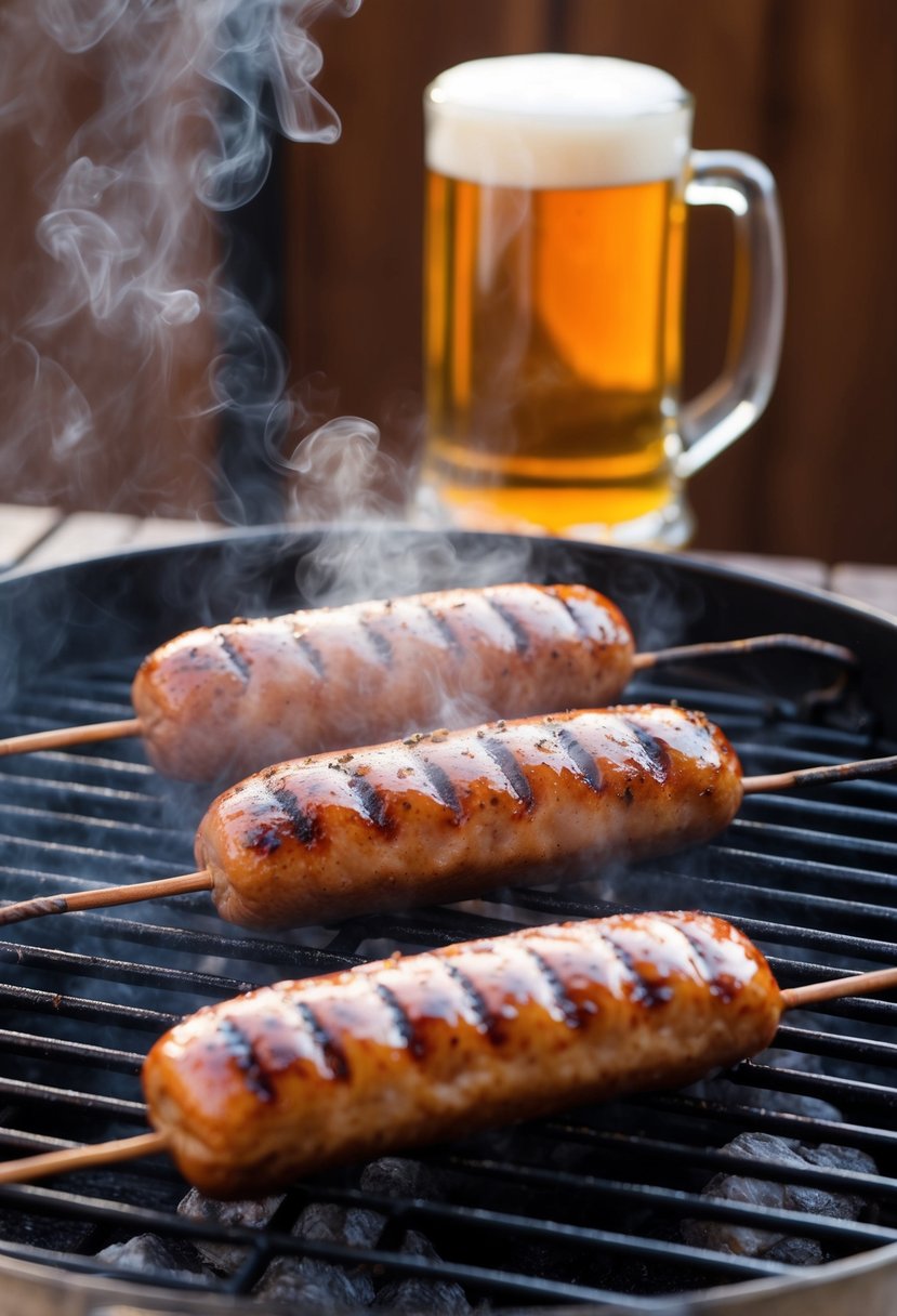 Juicy beer brats sizzling on a hot grill with grill marks, surrounded by a cloud of steam and the aroma of grilled meat