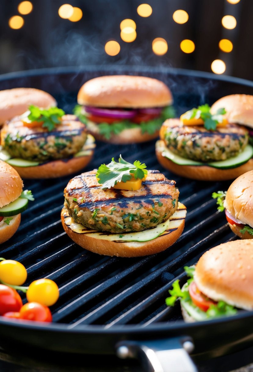 A sizzling grill with perfectly charred veggie burgers, surrounded by colorful toppings and fresh buns