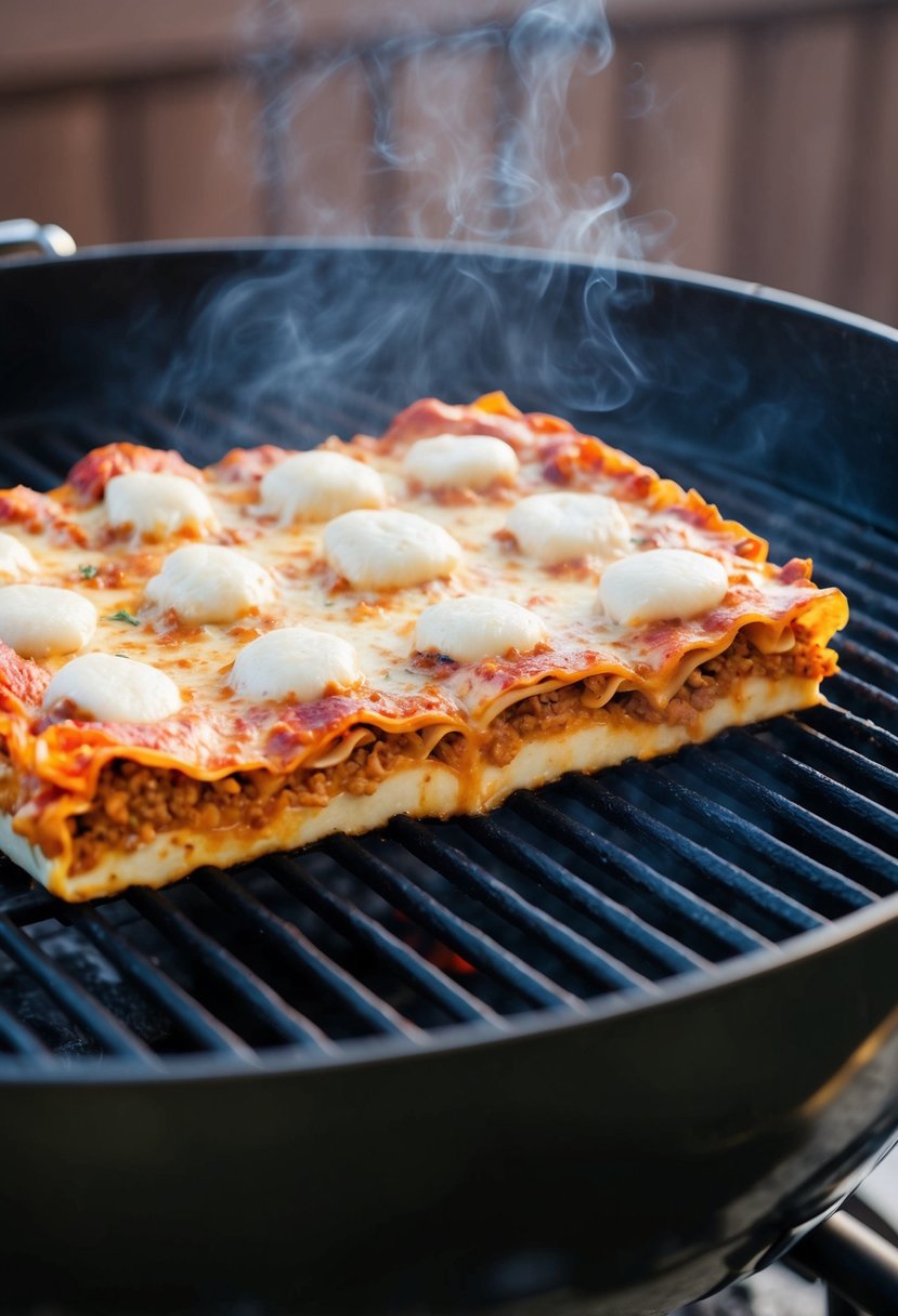 A sizzling lasagna cooks on a smoky grill, with char marks and bubbling cheese