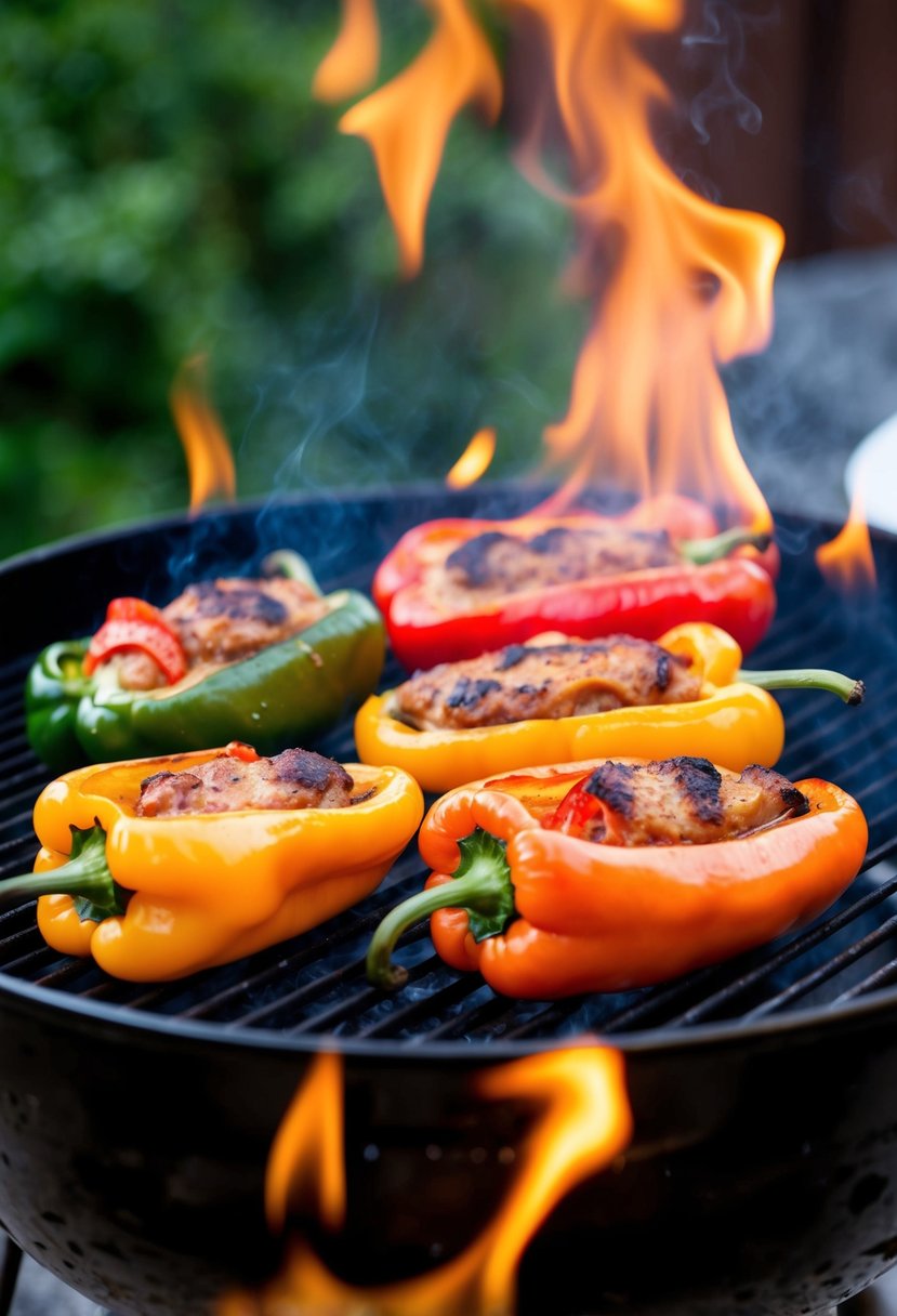 A grill with colorful stuffed peppers sizzling over the flames