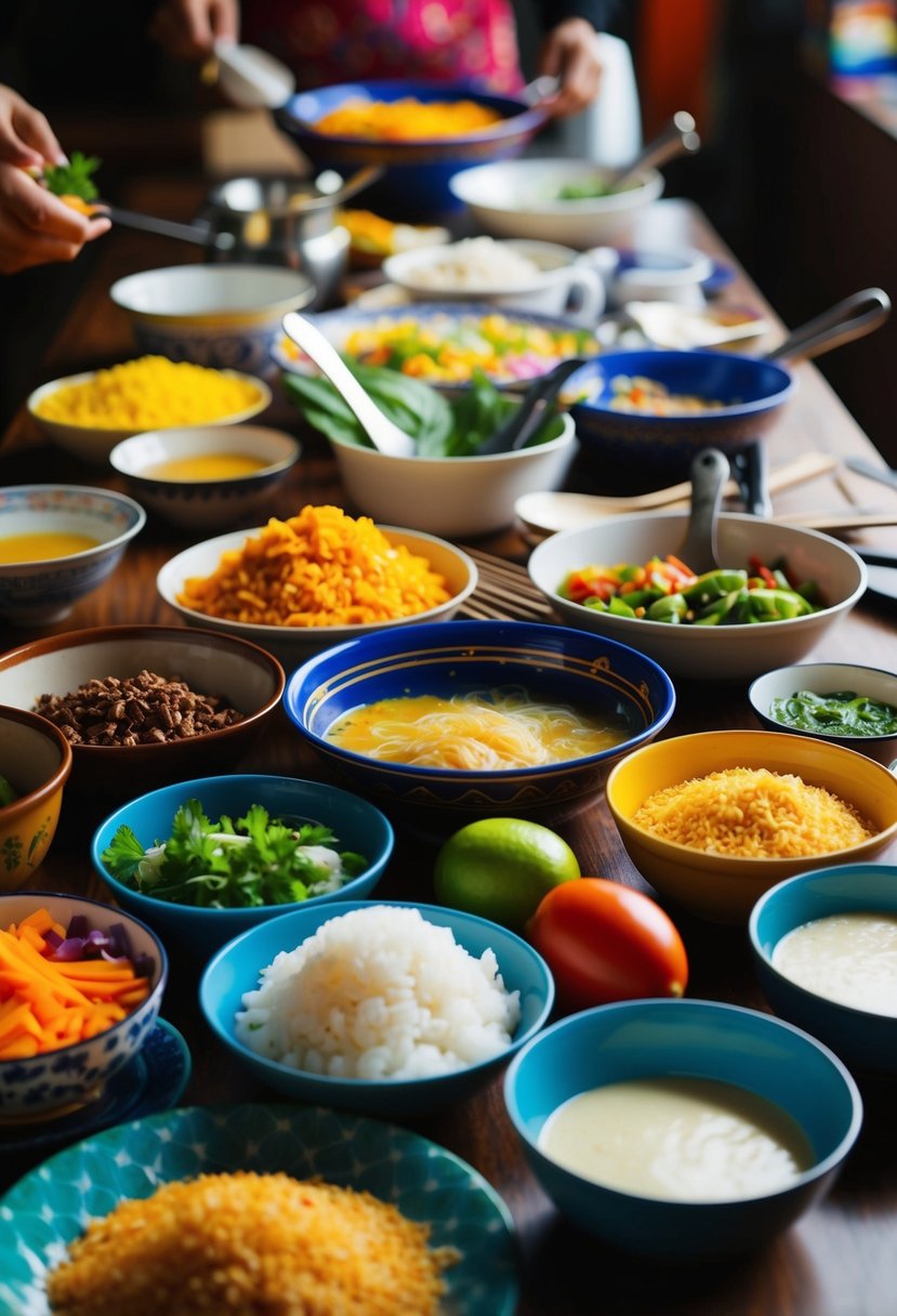 A table filled with colorful ingredients and cooking utensils for preparing traditional Filipino recipes