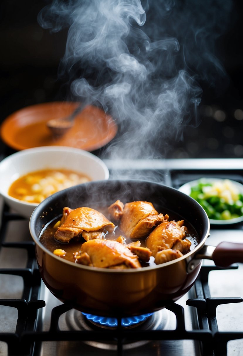 A steaming pot of Chicken Adobo simmers on a stovetop, filling the air with the savory aroma of soy sauce, vinegar, and garlic