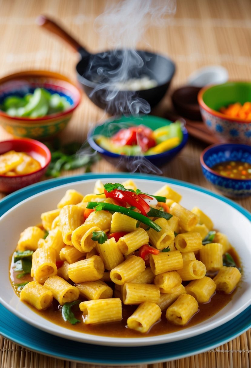 A steaming plate of Pancit Canton surrounded by colorful ingredients and traditional Filipino cooking utensils