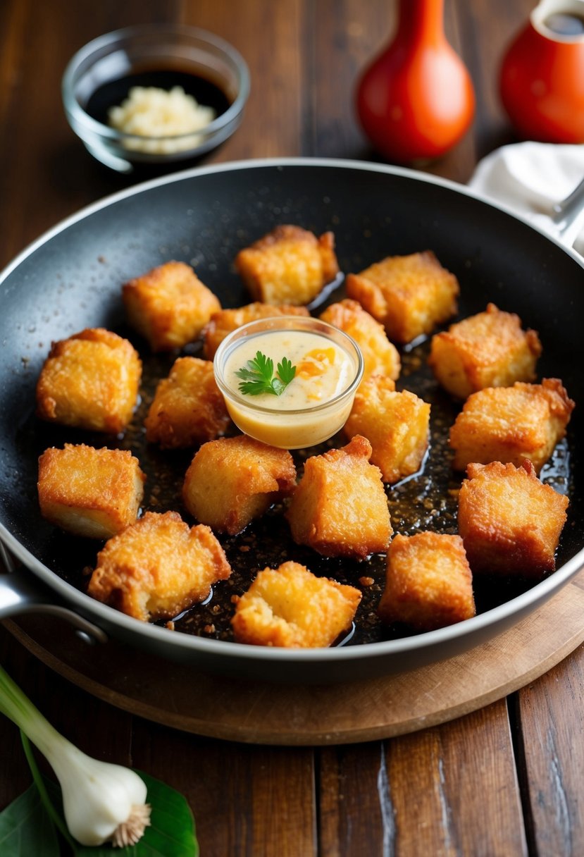 A sizzling pan of crispy Lechon Kawali with garlic and vinegar dipping sauce