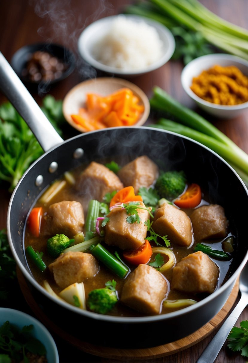 A steaming pot of sinigang na baboy surrounded by fresh vegetables and a hint of tamarind, ready to be served