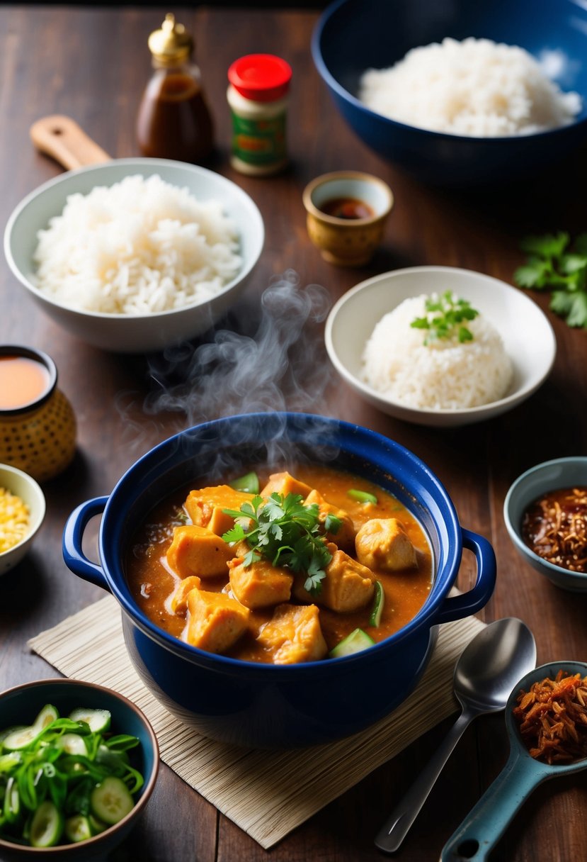 A table set with a steaming pot of Kare-Kare, surrounded by various ingredients and condiments, with a bowl of freshly cooked rice on the side