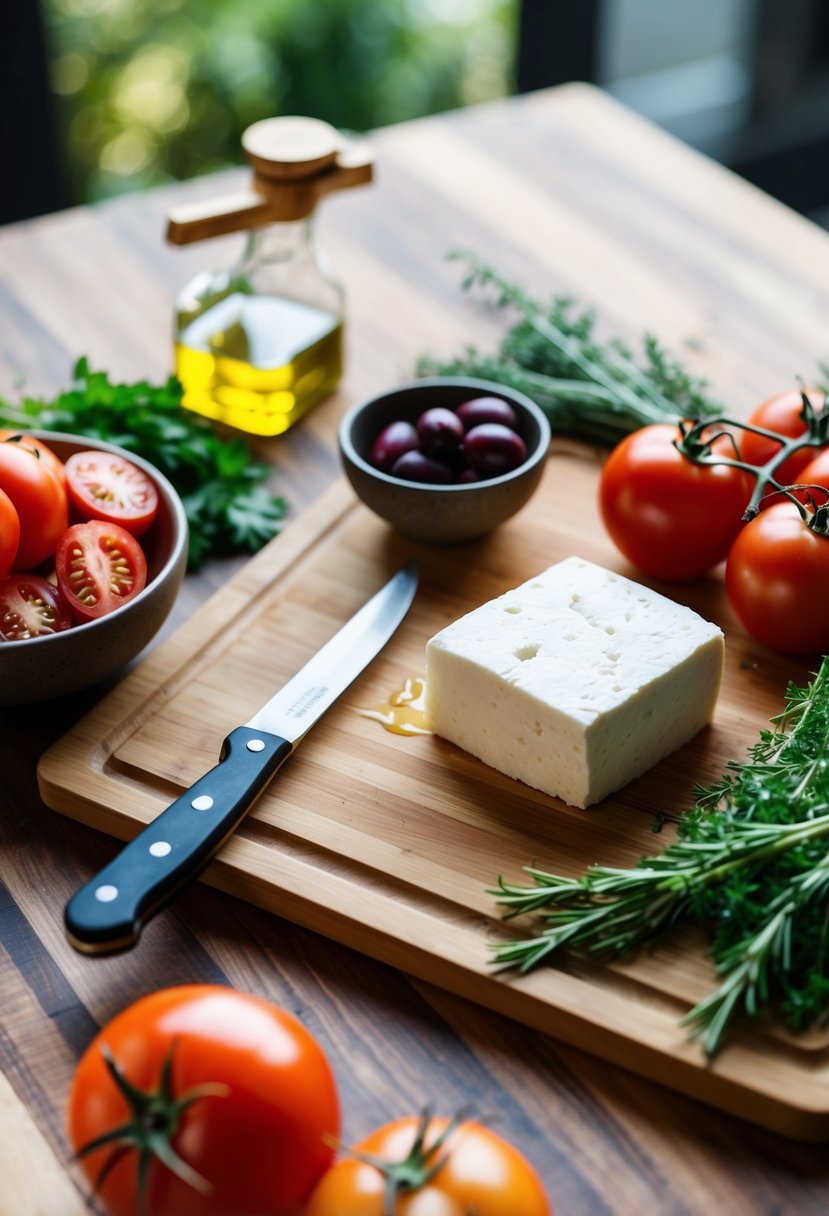 A wooden cutting board with various ingredients such as tomatoes, olives, herbs, and a block of feta cheese. A knife and a bowl of olive oil are nearby