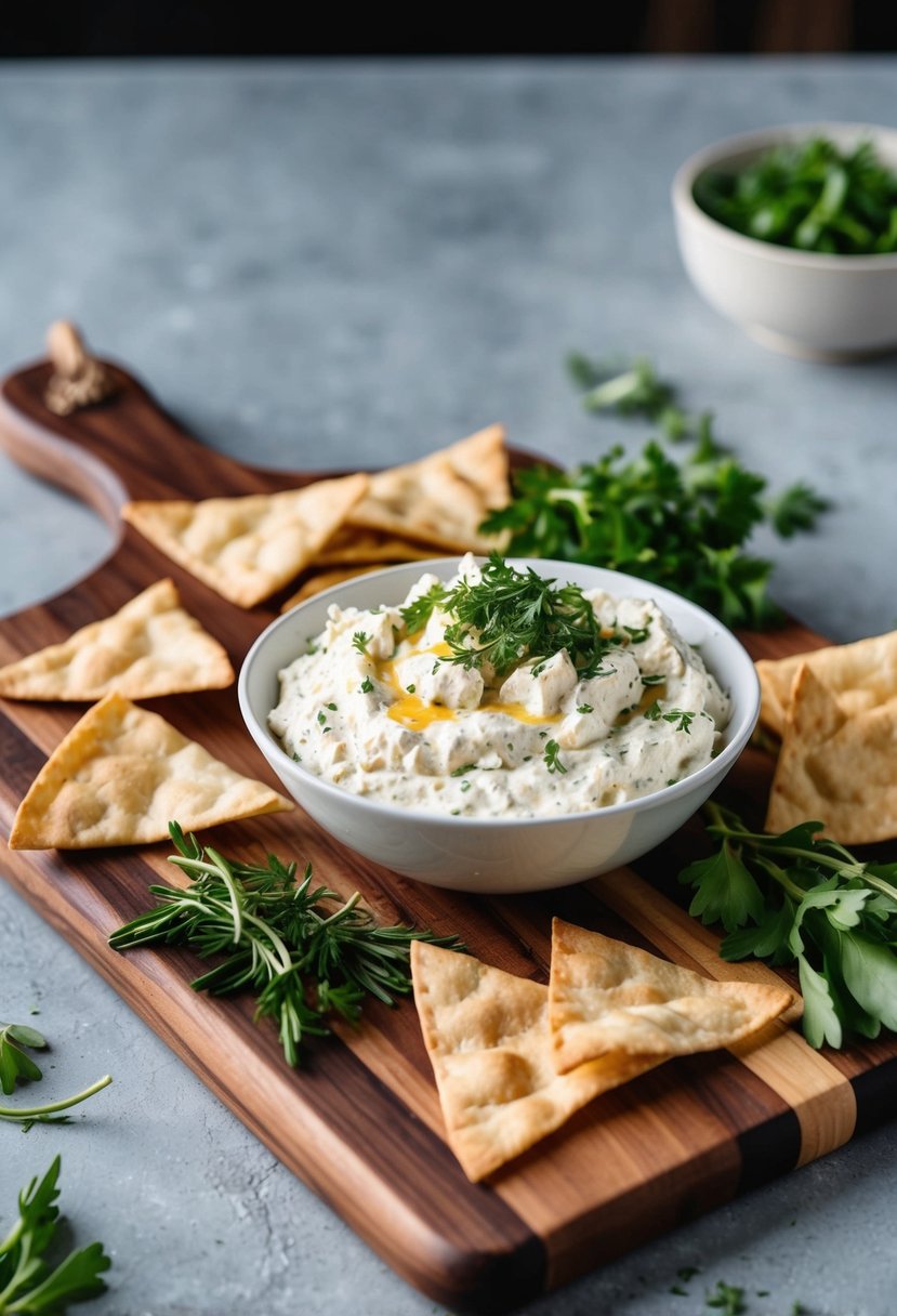 A wooden serving board with a bowl of creamy feta dip surrounded by fresh herbs and crispy pita chips