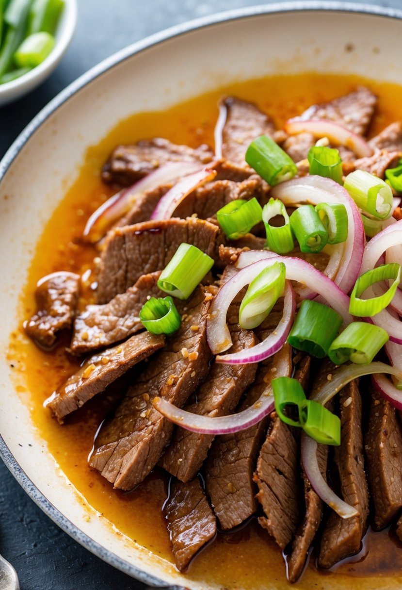 A sizzling hot plate with thinly sliced beef, onions, and a savory soy sauce-based marinade, garnished with fresh green onions