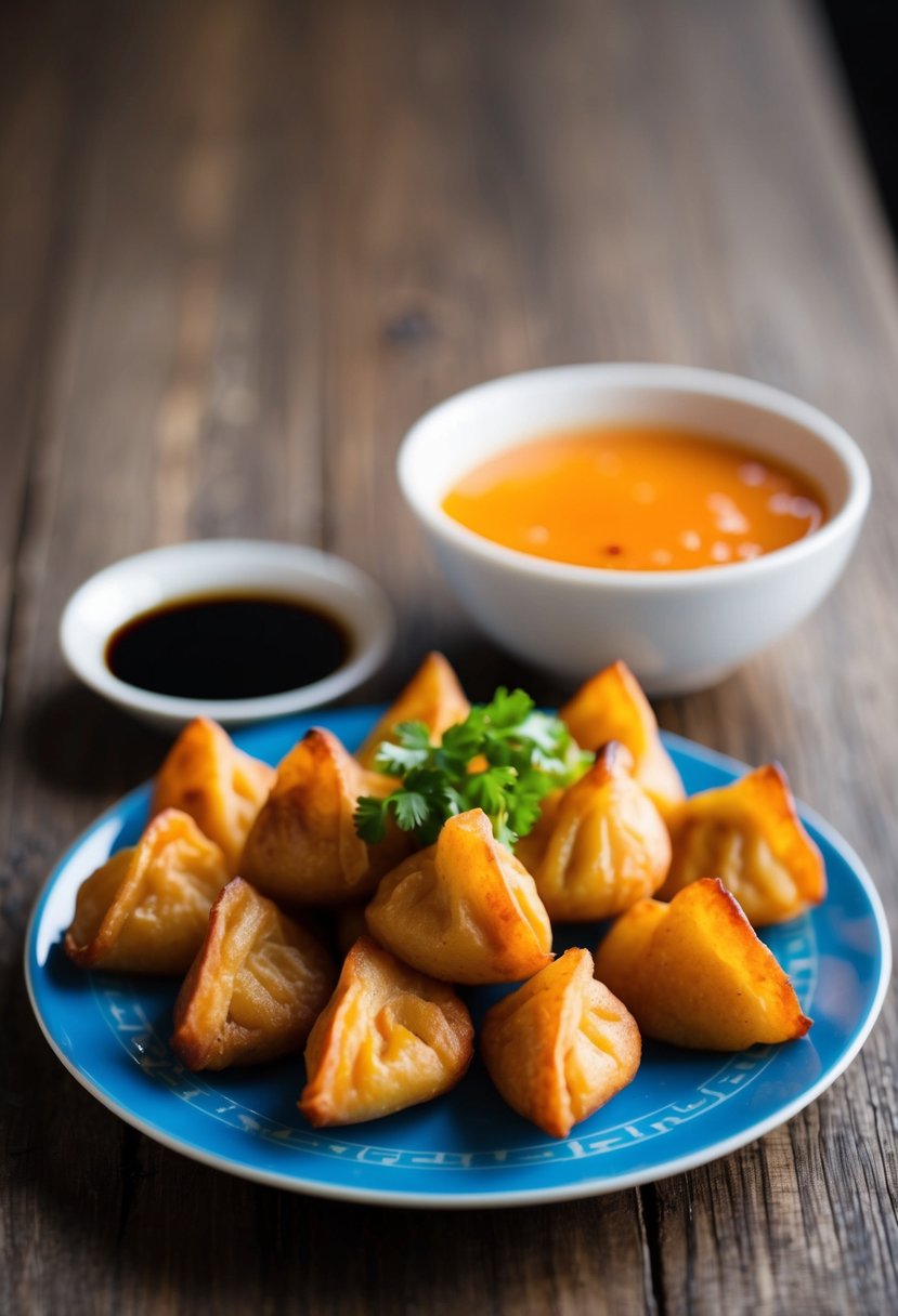 A plate of golden brown lumpiang Shanghai arranged with a side of sweet and sour dipping sauce