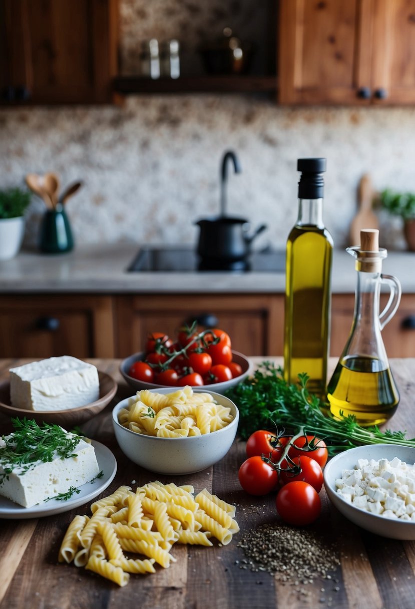 A rustic kitchen counter with ingredients: feta cheese, cherry tomatoes, pasta, olive oil, and herbs arranged for a Baked Feta Pasta recipe