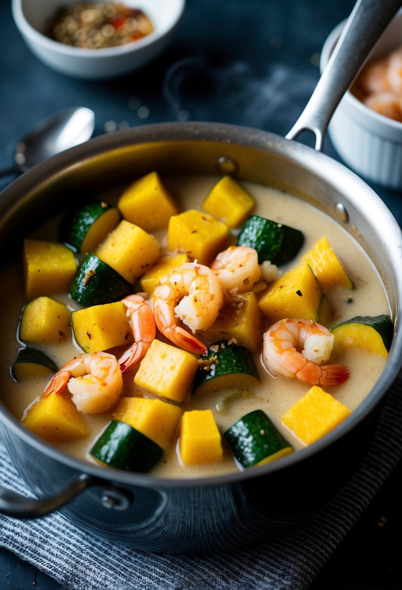 A simmering pot of Ginataang Kalabasa with chunks of squash, coconut milk, shrimp, and spices