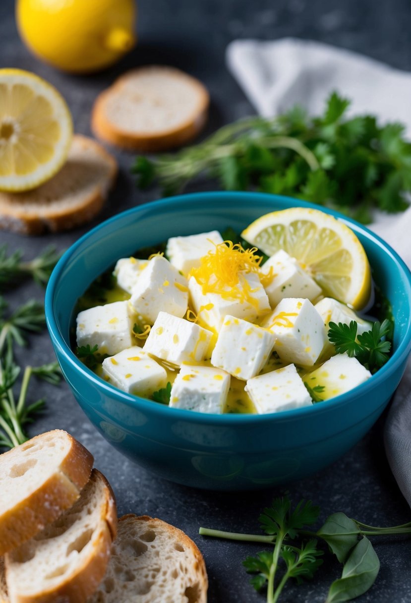 A bowl of marinated feta cheese with lemon zest, surrounded by fresh herbs and slices of crusty bread