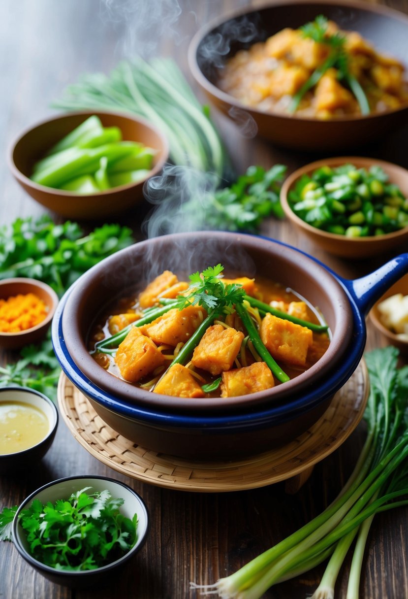 A table set with a steaming clay pot of pinakbet surrounded by fresh vegetables and herbs