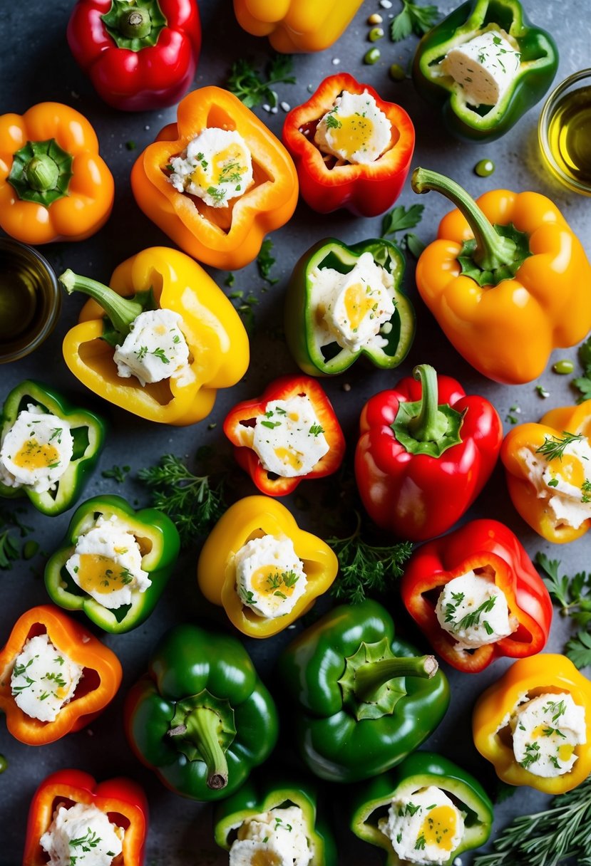 A colorful array of bell peppers, each split open and filled with creamy feta cheese, surrounded by scattered ingredients like fresh herbs and olive oil