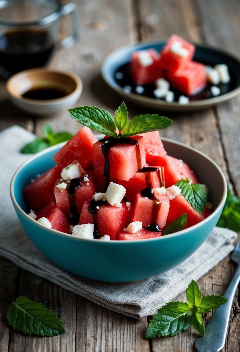 A vibrant bowl of watermelon cubes, crumbled feta, and fresh mint leaves, drizzled with balsamic glaze, set on a rustic wooden table