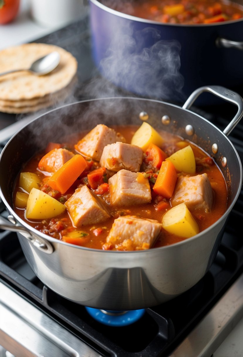 A steaming pot of Pork Afritada simmers on a stovetop, filled with tender chunks of pork, potatoes, carrots, and bell peppers in a rich tomato sauce