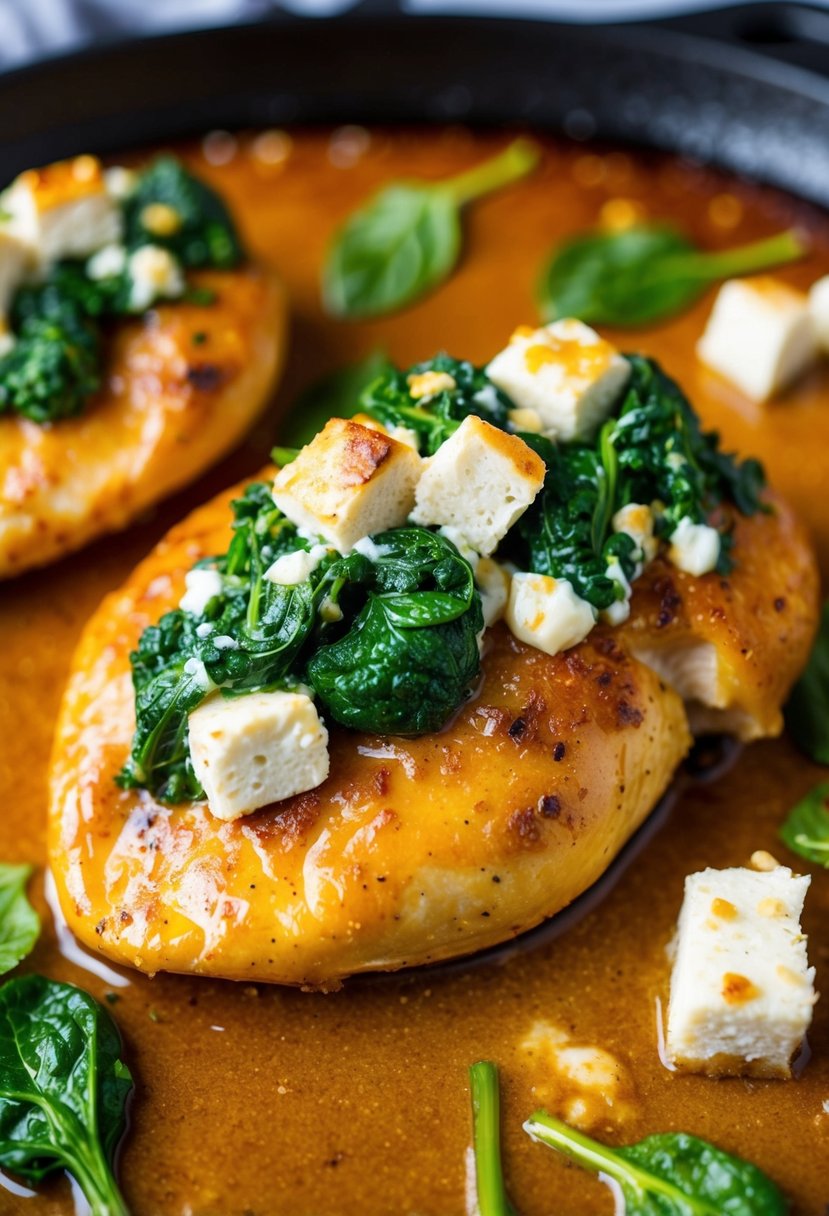 A plump chicken breast stuffed with vibrant green spinach and creamy feta, glistening with a golden brown glaze