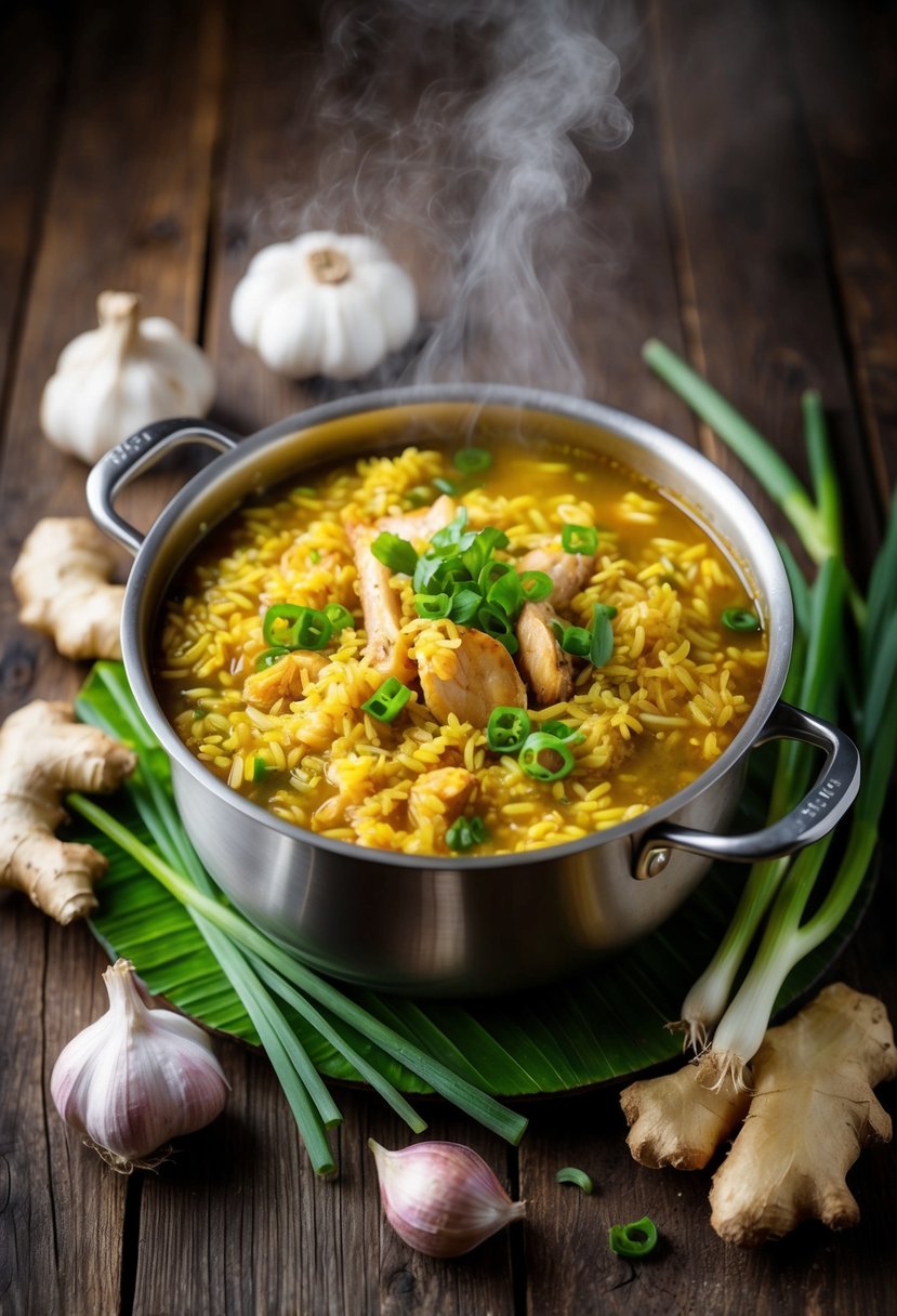 A steaming pot of Arroz Caldo surrounded by ginger, garlic, chicken, and green onions on a rustic wooden table