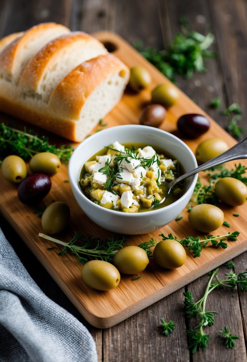 A wooden cutting board with a bowl of feta and olive tapenade, surrounded by fresh olives, herbs, and a loaf of crusty bread