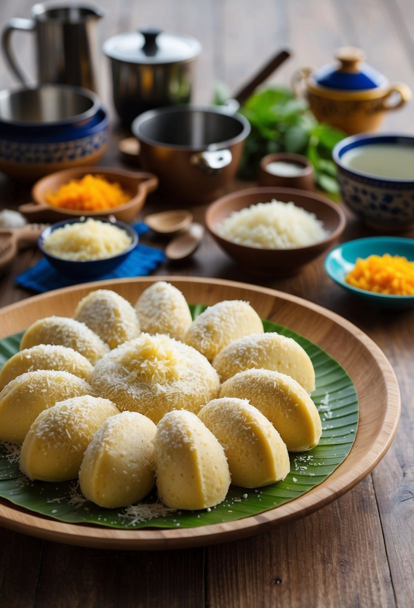 A wooden table with a colorful spread of puto topped with grated cheese, set against a backdrop of traditional Filipino kitchen utensils and ingredients