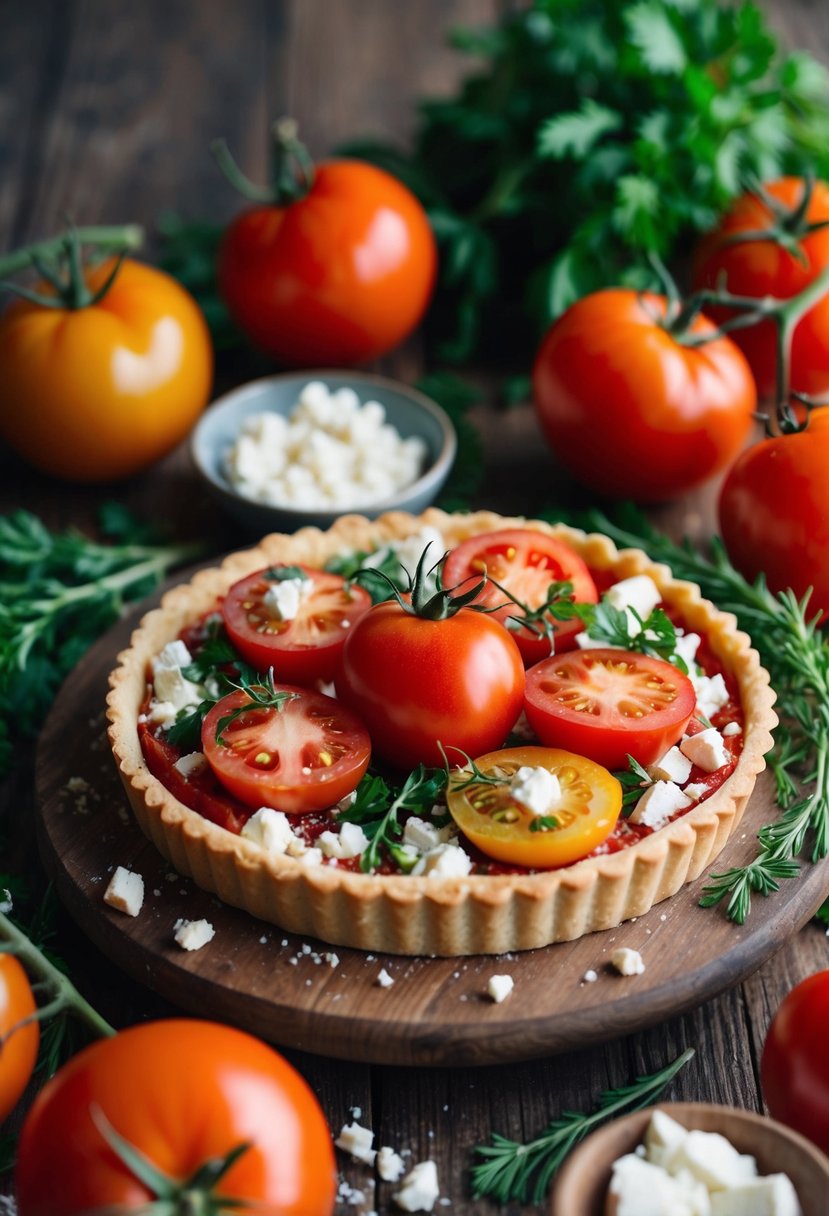 A rustic tomato and feta tart sits on a wooden table, surrounded by fresh ingredients like ripe tomatoes, crumbled feta cheese, and fragrant herbs