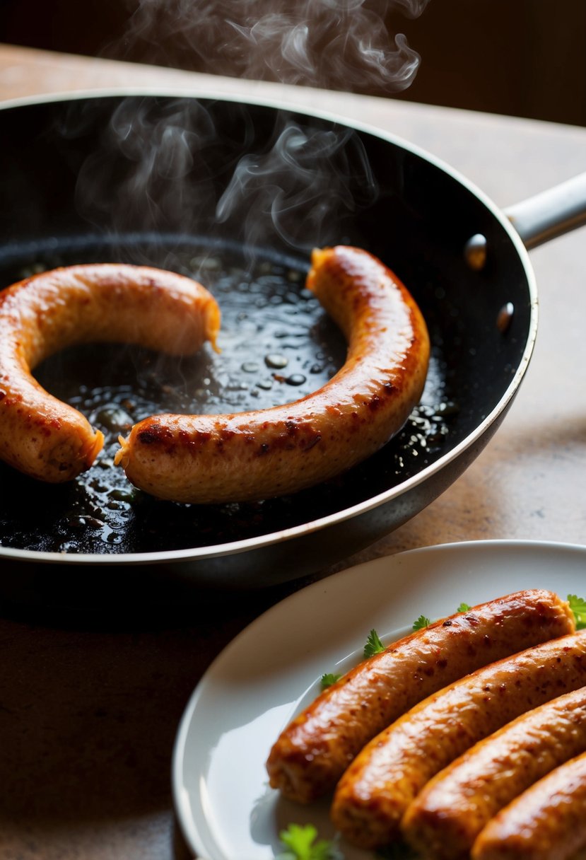 A sizzling longanisa sausage cooks in a hot pan, releasing its savory aroma. A plate of freshly cooked longanisa sits nearby, ready to be served