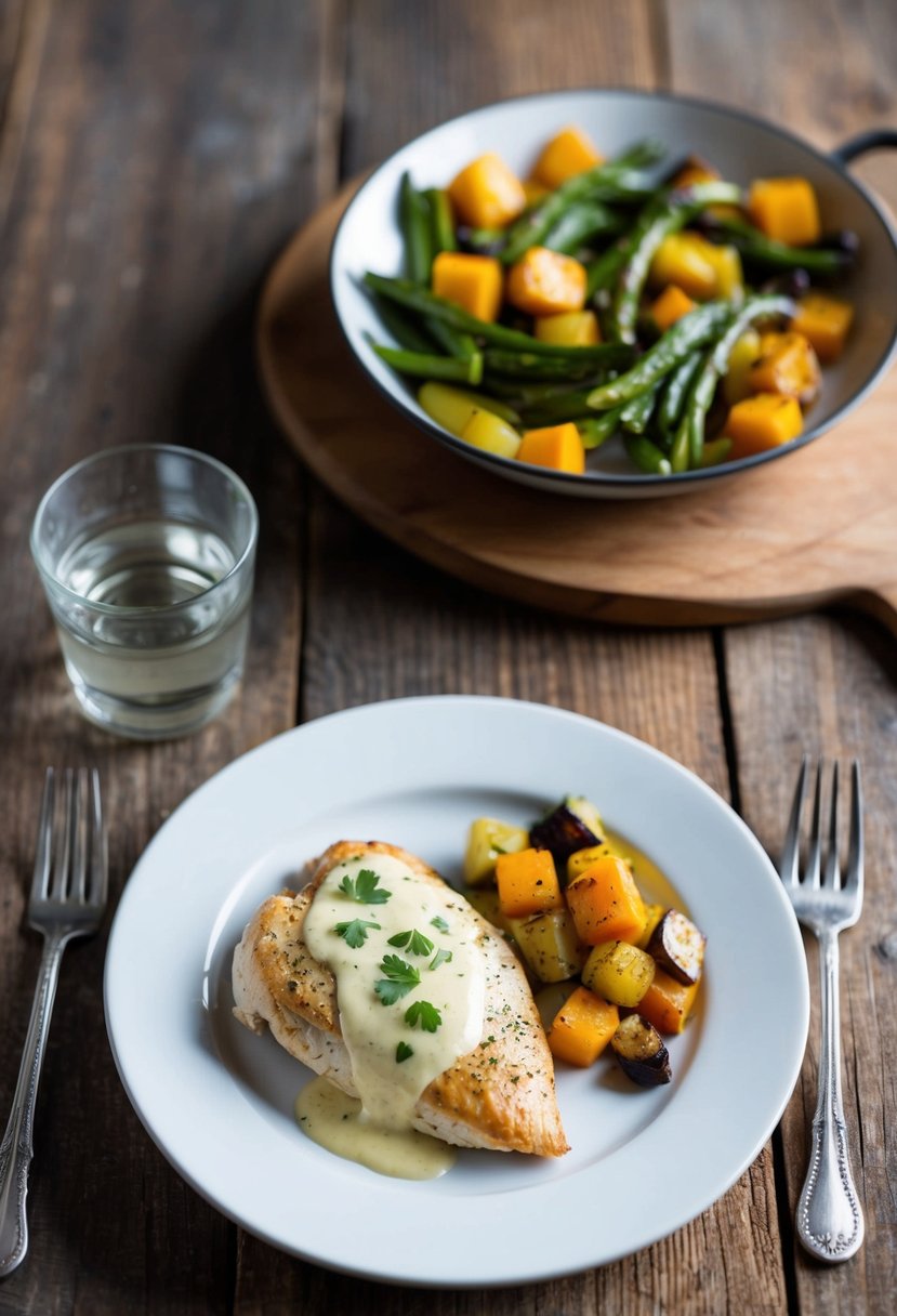 A plate of ranch chicken with a side of roasted vegetables on a rustic wooden table