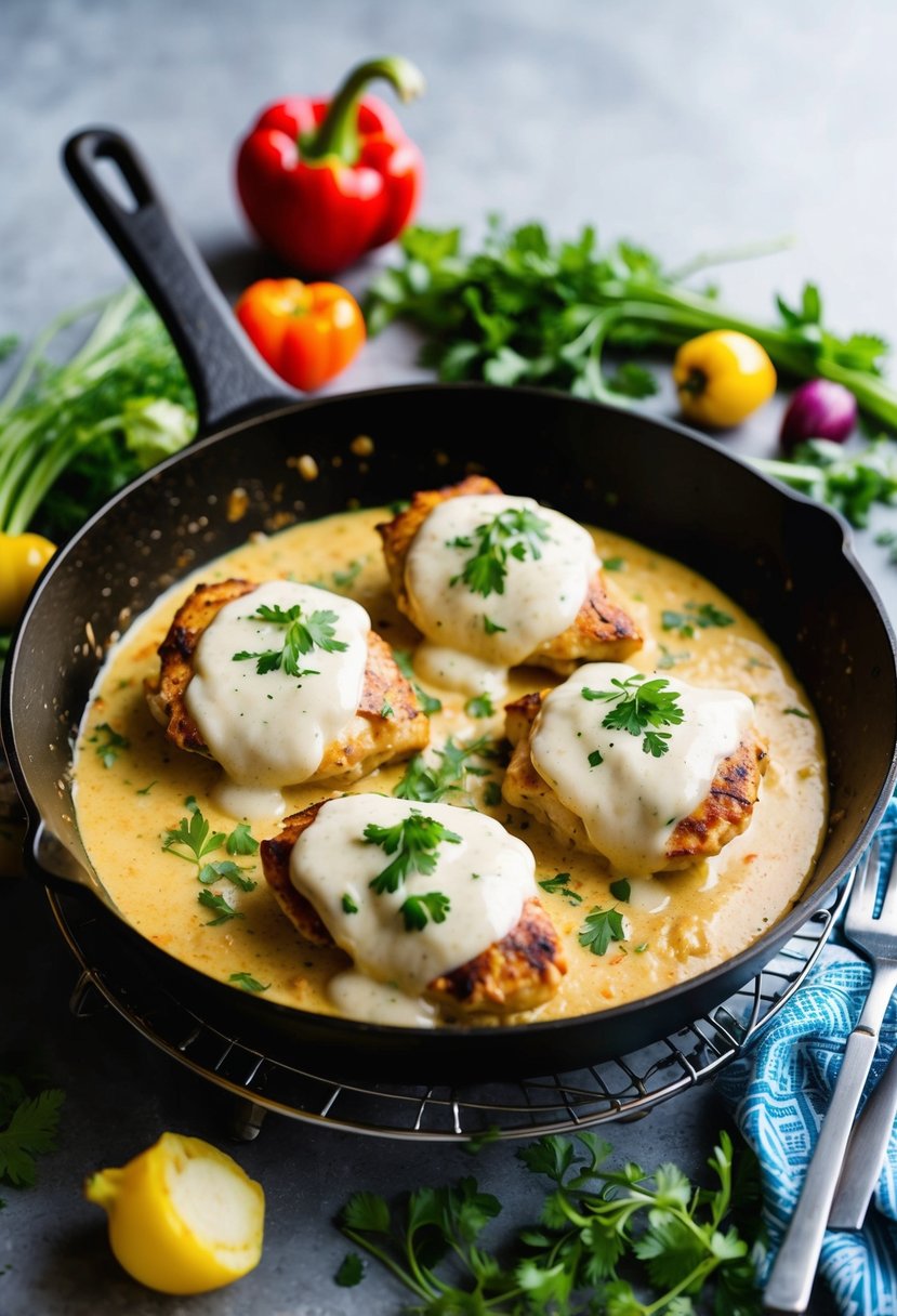 A sizzling skillet with creamy ranch chicken, surrounded by fresh herbs and colorful vegetables