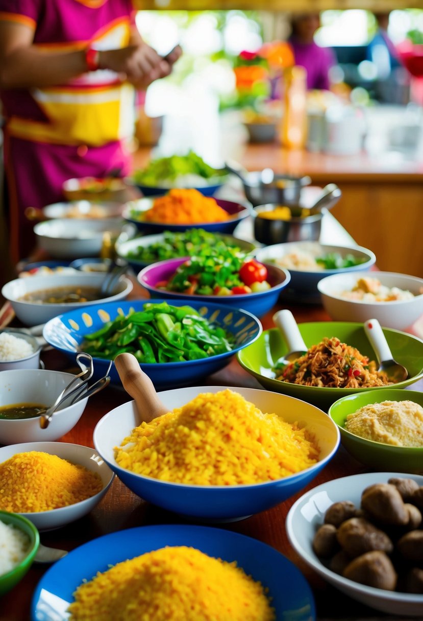 A table filled with colorful ingredients and cooking utensils for making traditional Filipino dishes