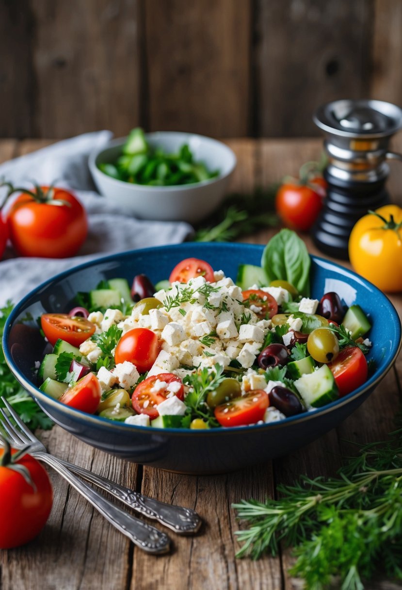 A rustic wooden table set with a colorful Greek Panzanella salad topped with crumbled feta, surrounded by fresh ingredients like tomatoes, cucumbers, olives, and herbs