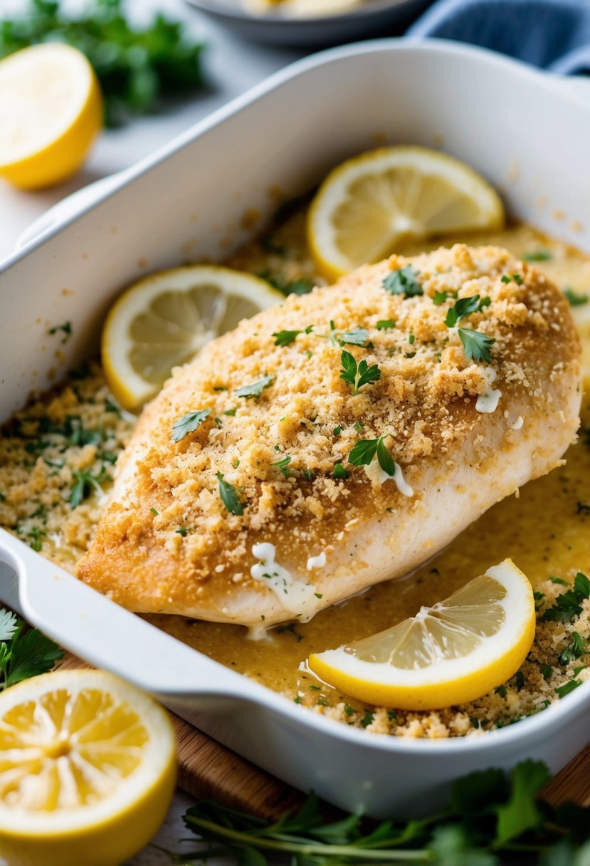 A golden-brown chicken breast coated in ranch dressing and breadcrumbs, sizzling in a baking dish surrounded by fresh herbs and lemon slices