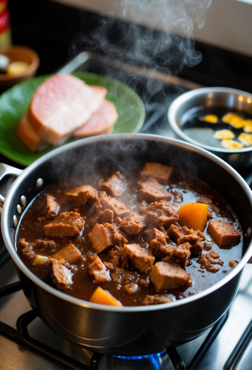 A steaming pot of dinuguan simmers on a stove, surrounded by ingredients like pork, vinegar, and blood. The rich, dark stew emits an enticing aroma