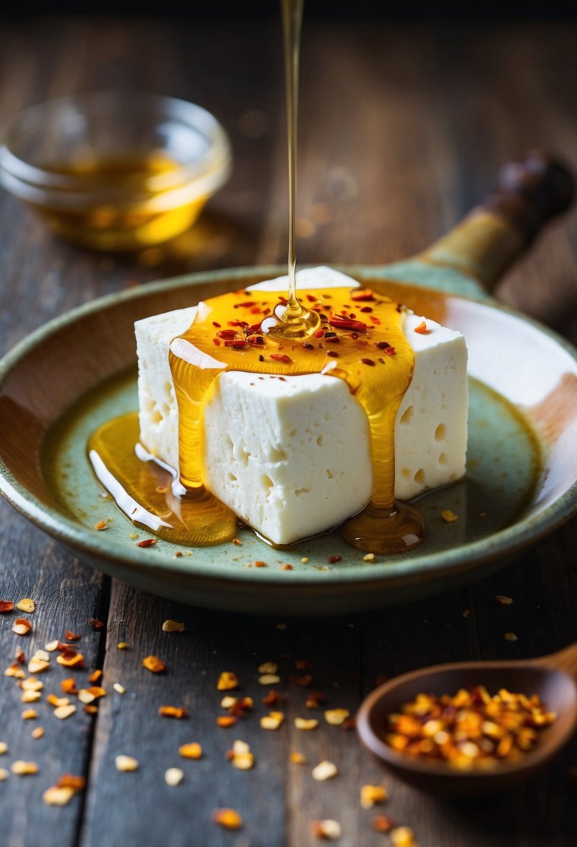 A golden block of feta cheese sits on a rustic ceramic dish, drizzled with honey and sprinkled with red chili flakes