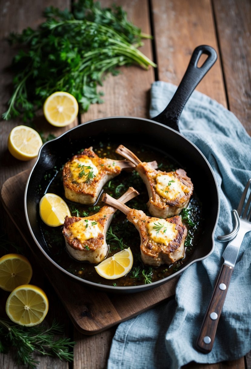 A sizzling skillet of feta-crusted lamb chops, surrounded by fresh herbs and lemon wedges on a rustic wooden table